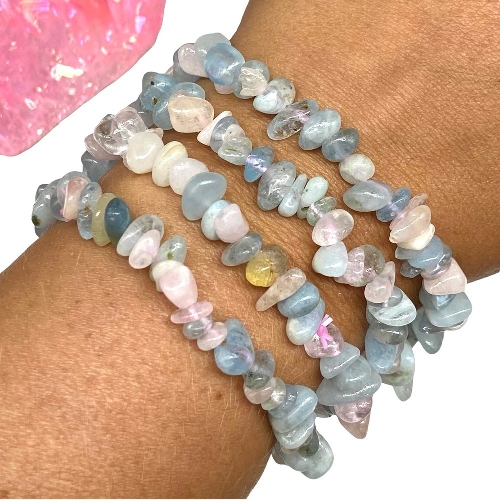 Morganite Beaded Stretch Bracelet Natural Stone Chip Beads Chips Pink Blue Boho